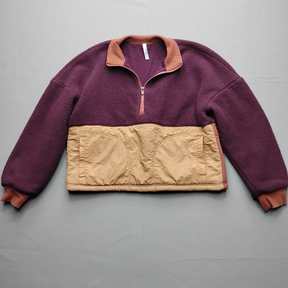 Fabletics‎ Womens Large Quarter Zip Fleece Pullover Colorblock Purple Tan